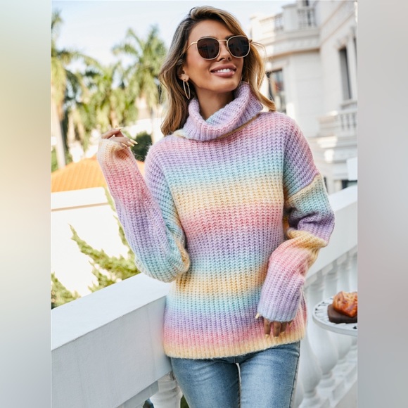 Contrast Turtleneck Dropped Shoulder Sweater - Picture 1 of 6